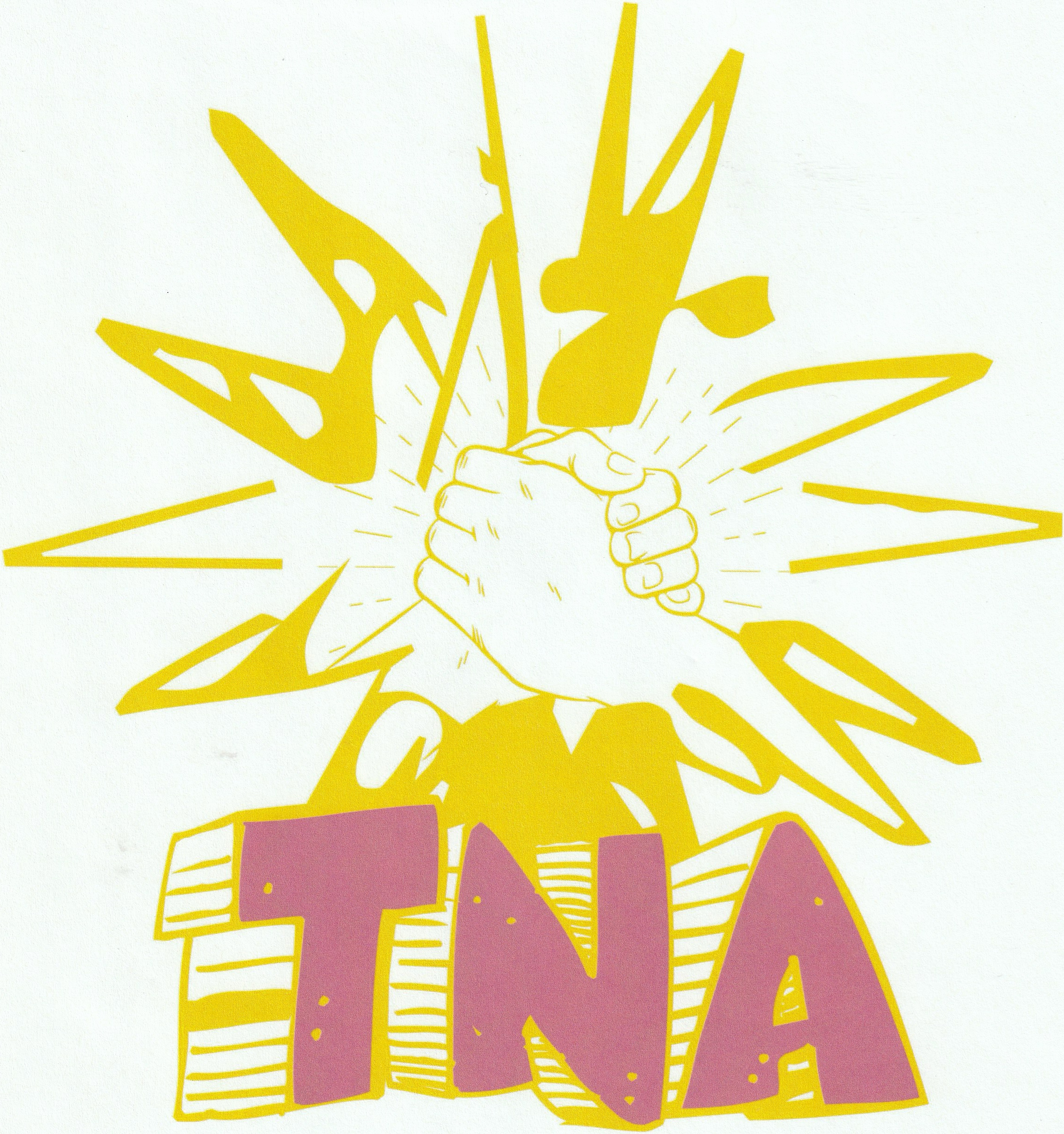 TNA's hand-drawn yellow and magenta logo, with clasped hands surrounded by radiating letters.
